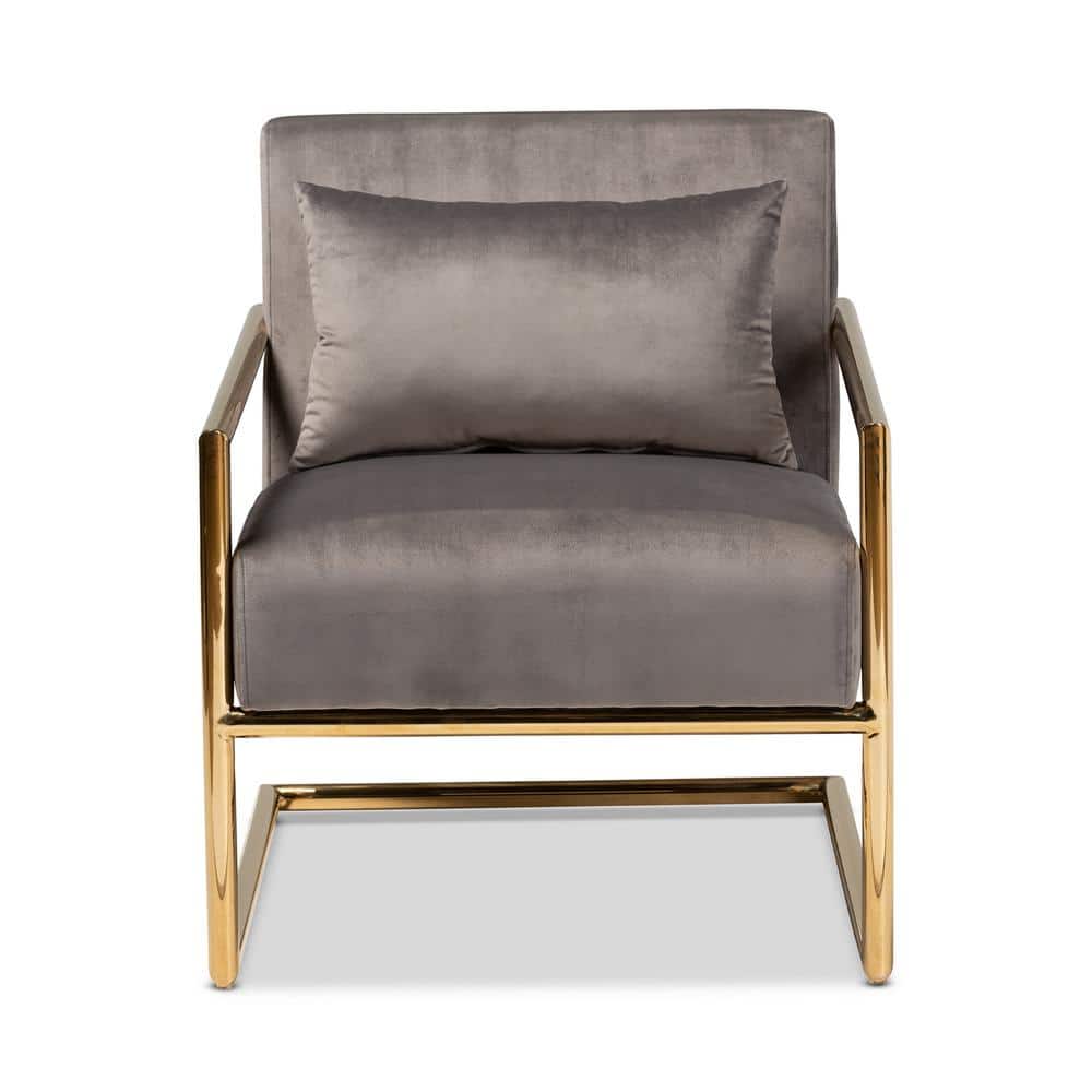 Gray Velvet Upholstered Accent Chair with Gold Metal Frame