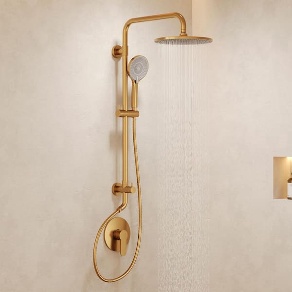 2-Spray Round High Pressure Wall Bar Shower Kit with 3-Spray Hand Shower in Brushed Gold (Valve Included)