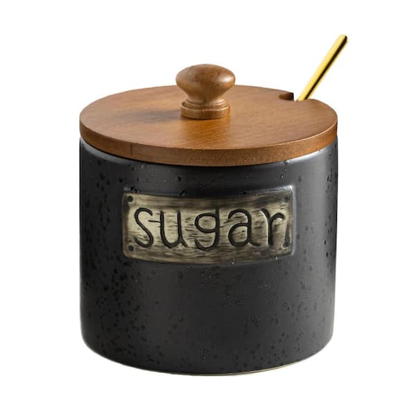 Black 15 fl. oz. Ceramic Sugar Bowl with Lid and Spoon Sugar Container Holder, Coffee Bar Accessories Storage Containers