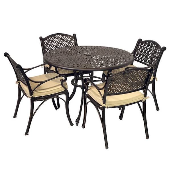 Kinger Home Harmon Antique Bronze 5-Piece Cast Aluminum Outdoor Dining Set for Patio with Beige Cushions