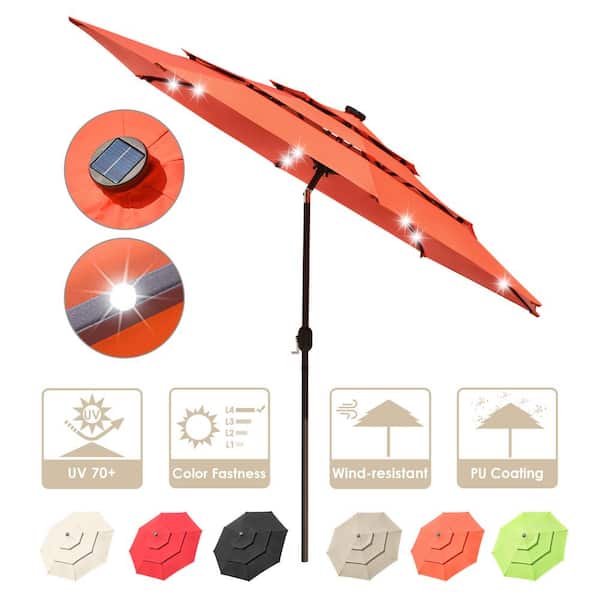 Cisvio 10 ft. Outdoor Market Basic Vented Patio 32 LED Patio Umbrella with Lights and Crank Handle in Fruit Orange (3-Tier)