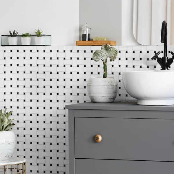 Metro Basketweave White with Black Dot 6 in. x 6 in. Porcelain Mosaic Take Home Tile Sample