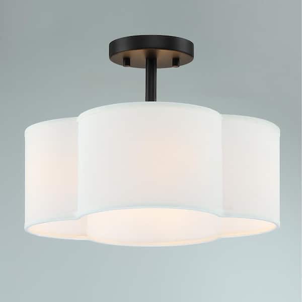 TRUE FINE Celina 14 in. 4-Light Black Canopy Semi-Flush Mount with White Scallop Fabric Shade