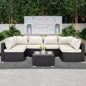 7-Piece Brown Wicker Outdoor Sectional Set with Beige Cushions