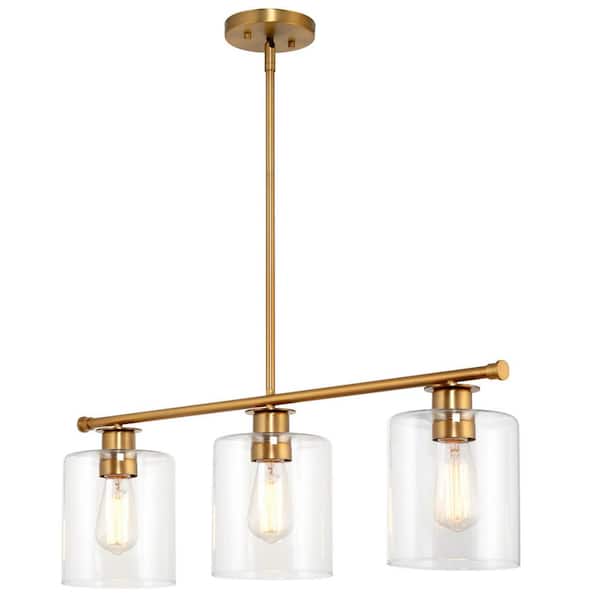 Kira Home Sloane 60-Watt 3-Light Warm Brass Farmhouse Island Pendant Light with Warm Brass Shade