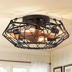 20 in. 4-Light Indoor Farmhouse Caged Flush Mount Ceiling Fan with Light Small Black Low profile Ceiling Fan with Remote