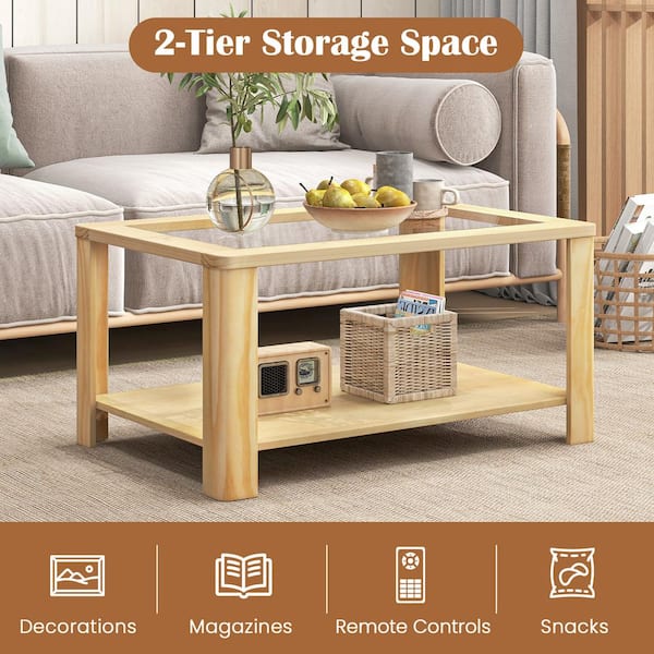 Gymax 35.5 in. Natural Rectangle Glass Coffee Table with w Gymax 35.5 in. Natural Rectangle Glass Coffee Table with w