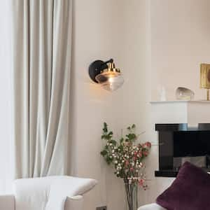 Modern Seeded Glass Wall Sconce, 6.5 in. 1-Light Black Bathroom Vanity Light, Industrial Brass Wall Light Fixture