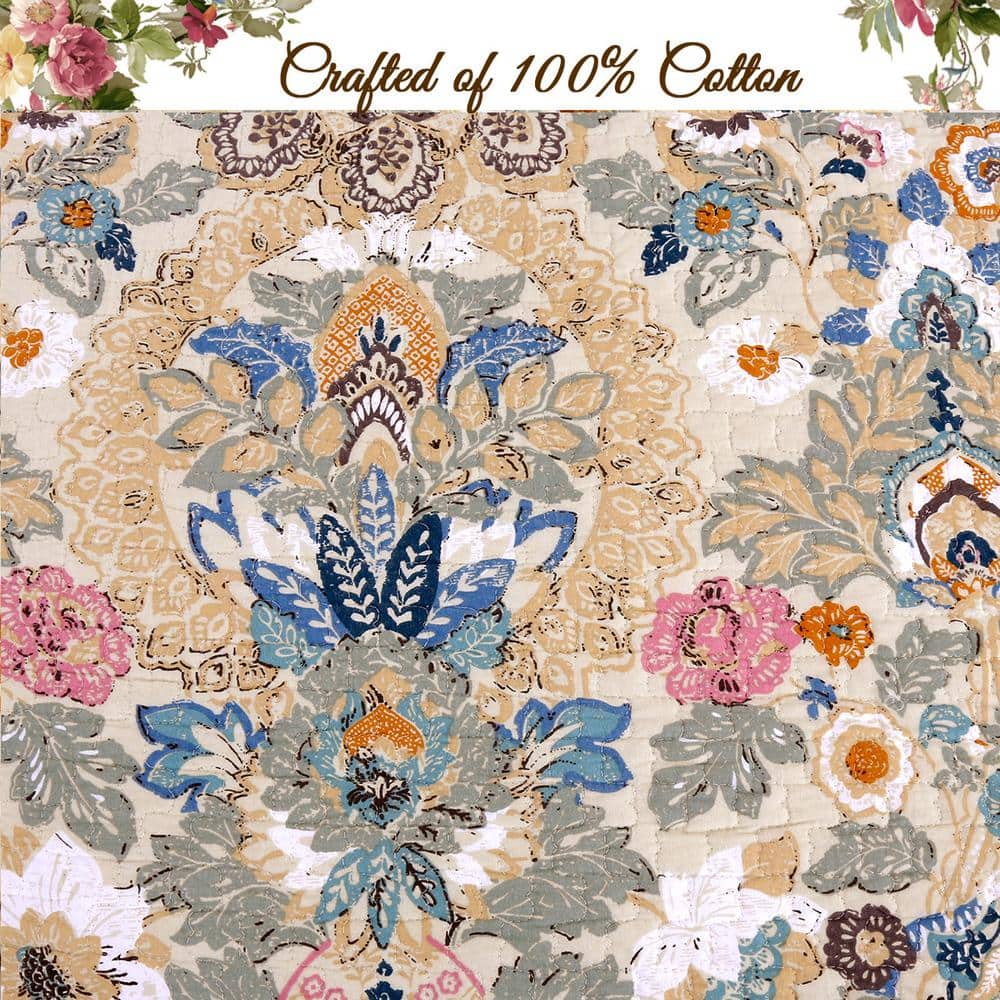 Vintage Floral Blue and Beige Cotton Reversible Queen Quilt Set