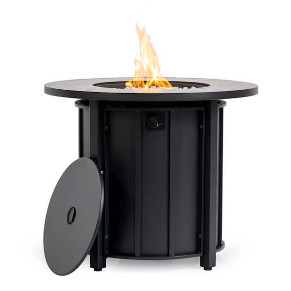 Black Round Steel Outdoor Fire Pit Table with Wood Grain Ceramic Tabletop and Glass Beads
