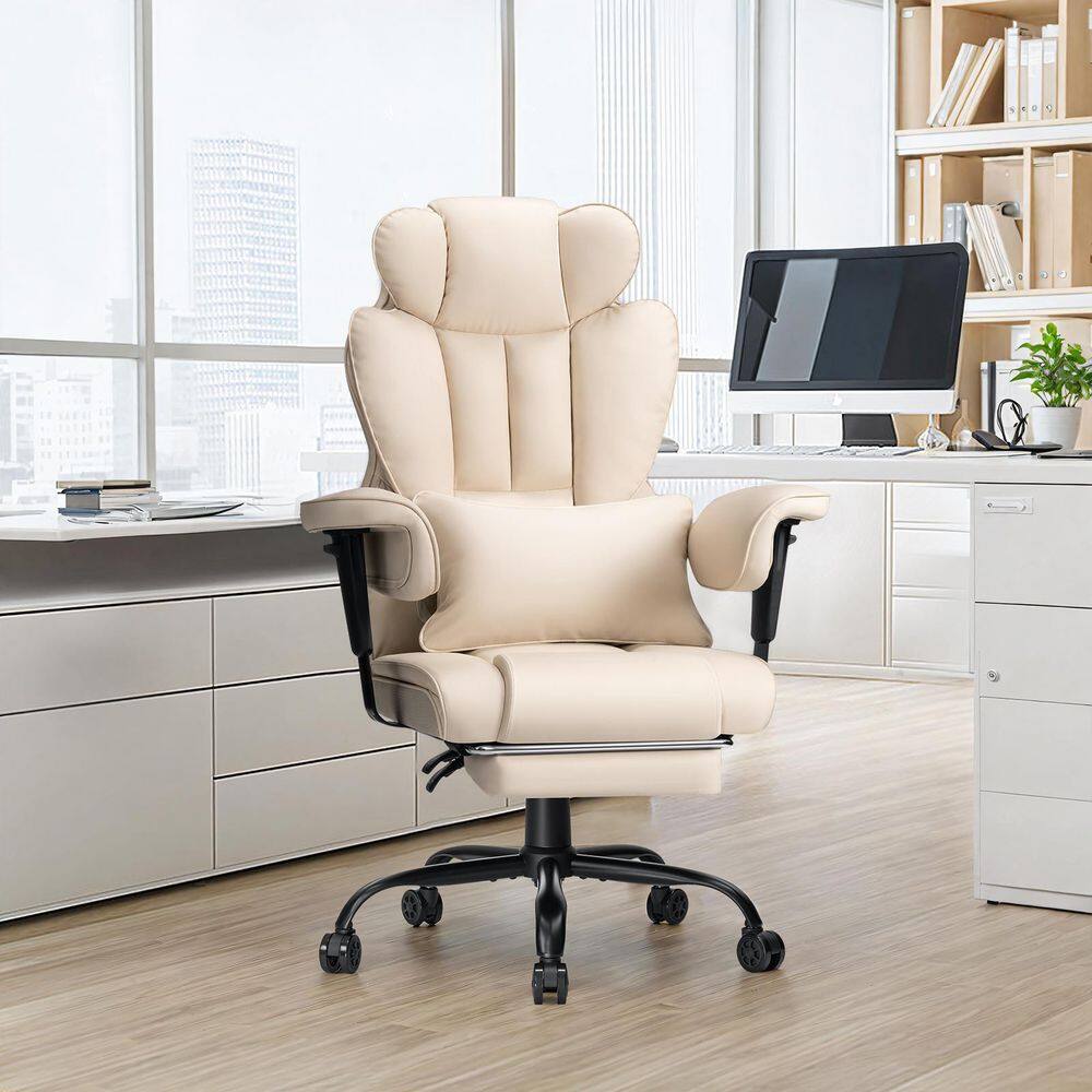 Beige Faux Leather Ergonomic Executive Chair with Adjustable Arms and Metal Base