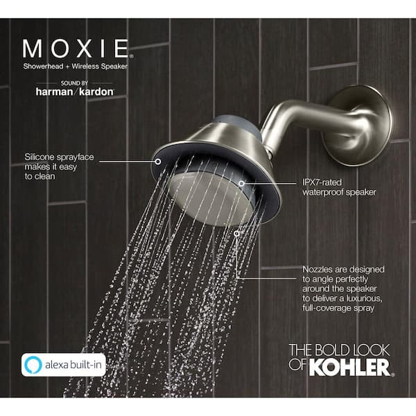 KOHLER Moxie 1-Spray Pattern with 2.5 GPM 5.75 in. Wall Mount Fixed Shower Head Waterproof Bluetooth Speaker in Polished Chrome