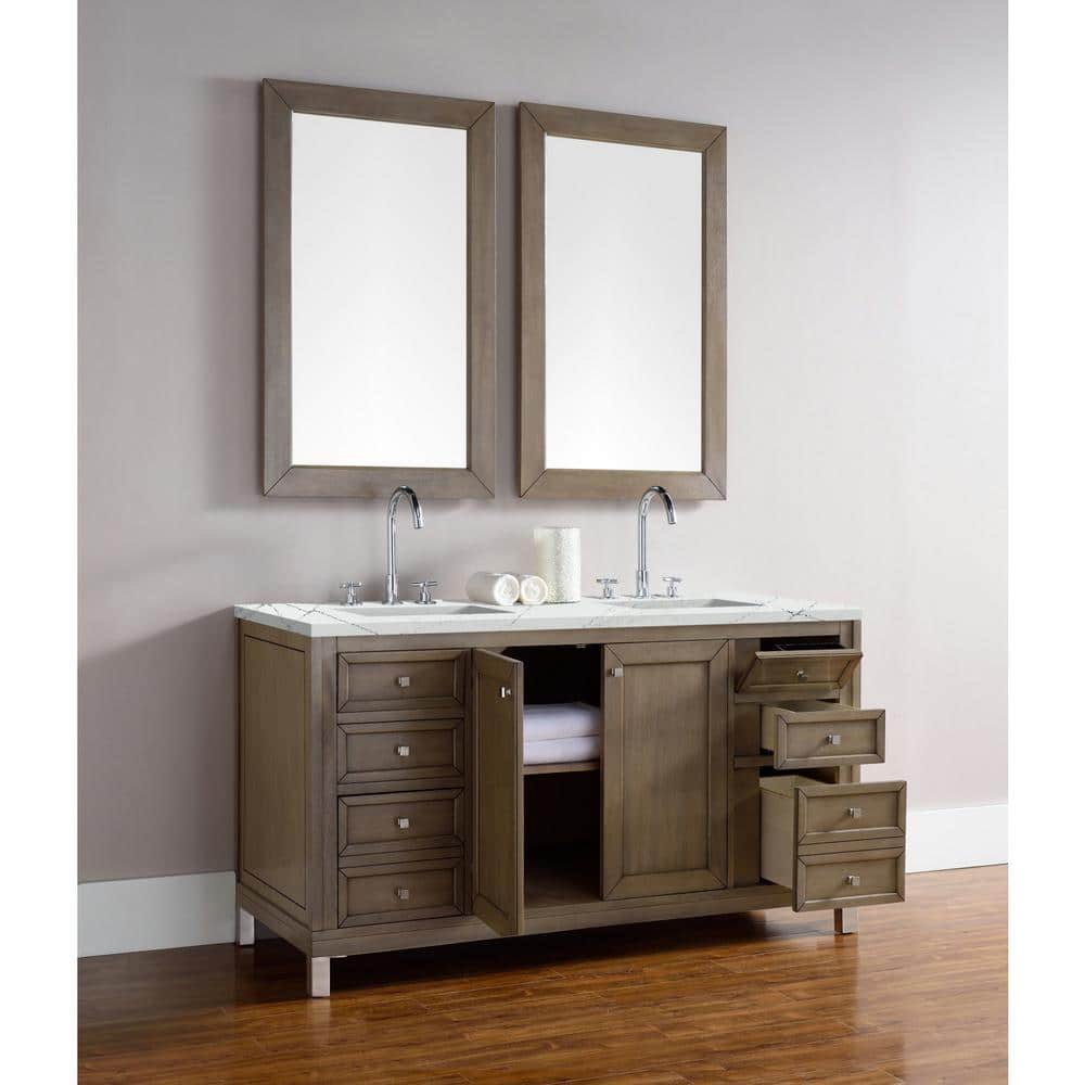 Walnut Whitewashed 60" Double Sink Vanity with Solid Surface Top