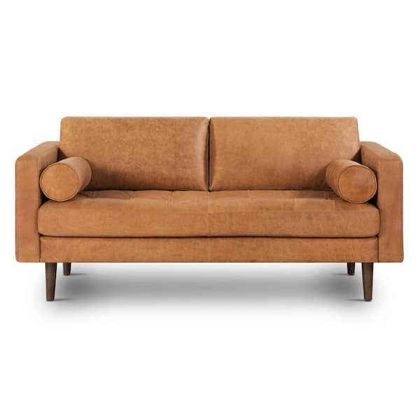 Poly and Bark Napa 72 in. Square Arm Leather Apartment Straight Sofa in Brown