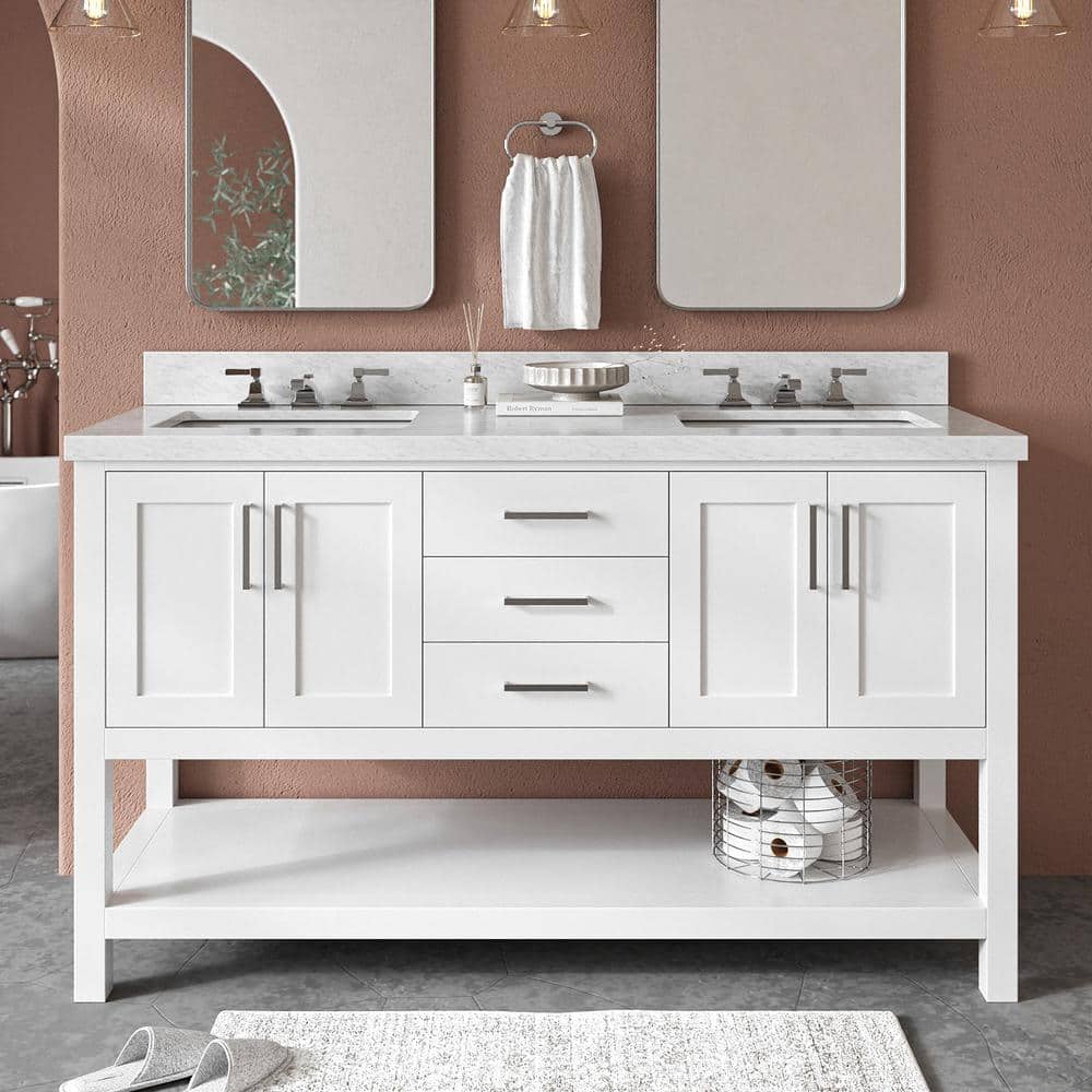 Magnolia 61" White Double Sink Bathroom Vanity with Marble Top