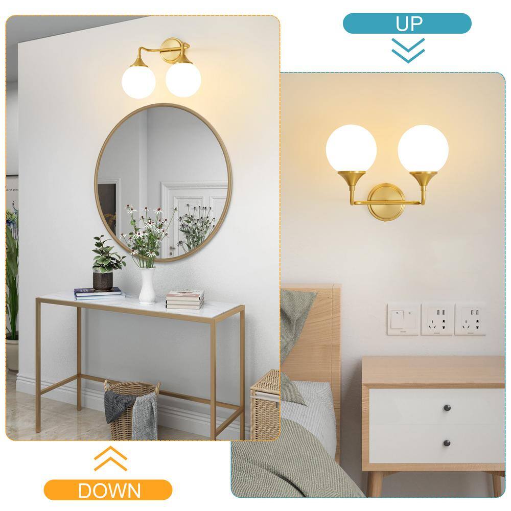 14.17" Gold Vanity Light with White Glass Globe Shades
