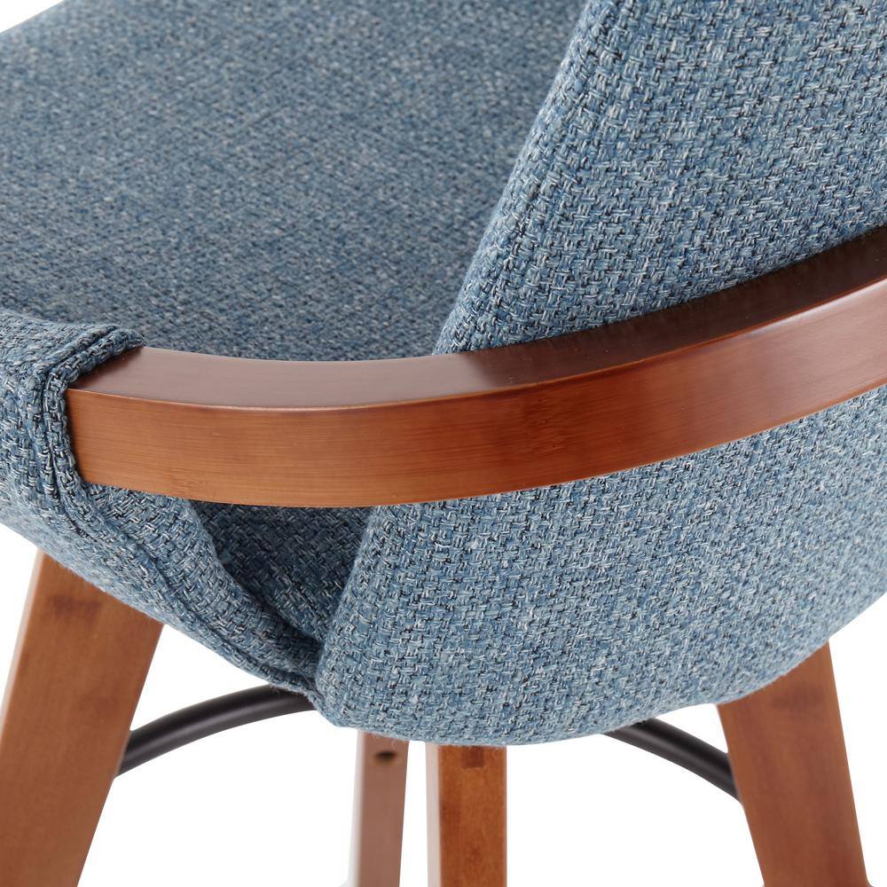 Walnut and Blue Mid-Century Modern Swivel Counter Stool