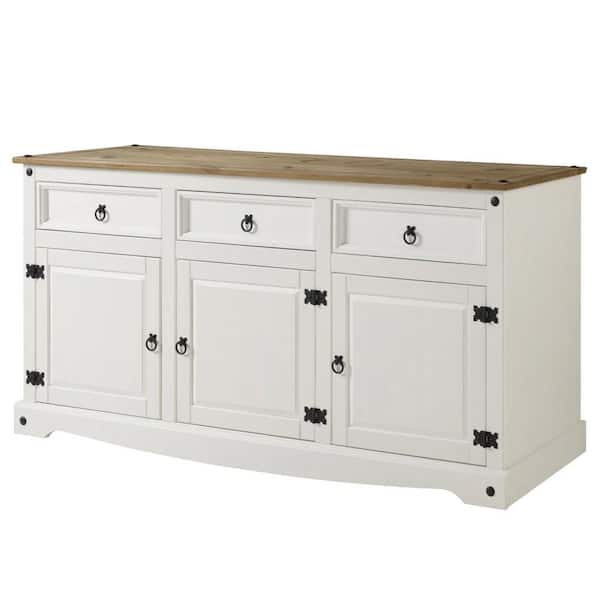OS Home and Office Furniture Cottage Series Distressed White Wood Pine 65.91 in. Buffet Sideboard with 3 drawers and 3 doors