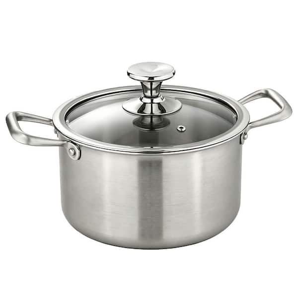 Small 6 qt. Silver Stainless Steel Non-Stick Soup Pot with Lid, 3-Layer Composite Base for Even Heat, Induction Ready