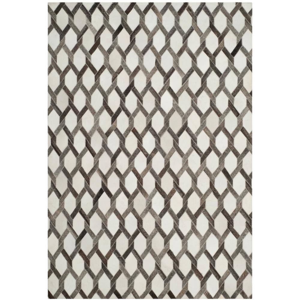 Ivory and Gray Hand-Knotted Geometric Cowhide Area Rug