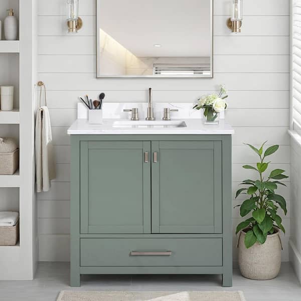 Modero 37 in. Single Sink Smoke Green Bath Vanity with Cala White Engineered Stone Top