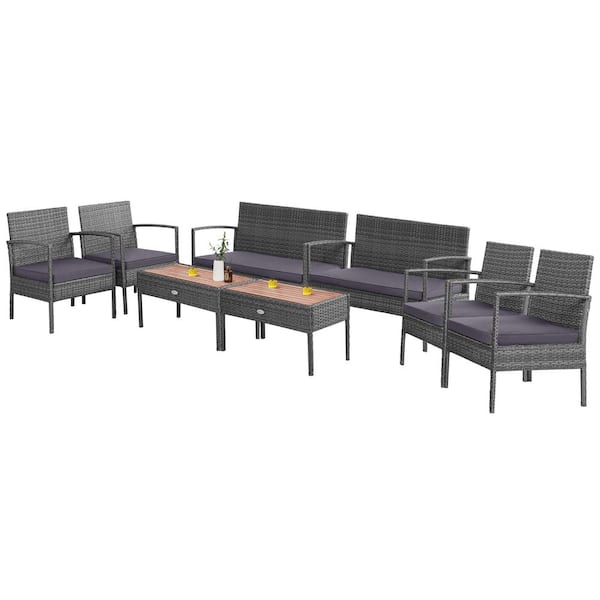 Costway 8-Pieces Wicker Patio Conversation Set Chair Wooden Tabletop with Gray Cushions