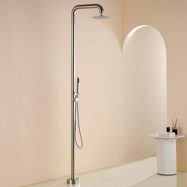 2-Handle 2-Spray Outdoor Freestanding Shower Faucet Kit 1.8 GPM Floor Mount Shower Kit w/ Hand Shower in Nickel