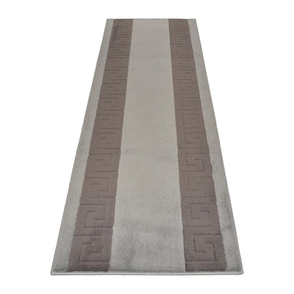 RugStylesOnline Meander Greek Key Design Cut to Size Gray and Brown 26 in. Width x Your Choice Length Stair Runner