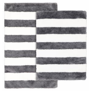 Beach Stripe Cinder Gray and White 21 in. x 34 in. Stripe Nylon Polyester 2-Piece Bath Mat Set