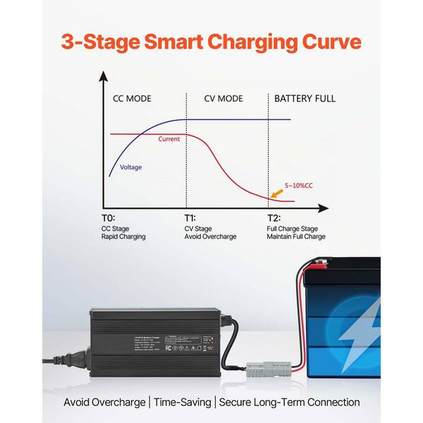 LiTime Chargeur de batterie au lithium 12V 20A 14,6V Chargeur de batterie LiFePO4 Chargeur intelligent CA-CC avec connecteur Anderson Indicateur LED pour batteries LiFePO4 à cycle profond de VR