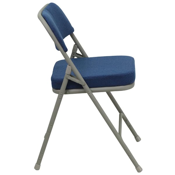 Metal Folding Chair with Navy Fabric Triple Braced and Double-Hinged 
