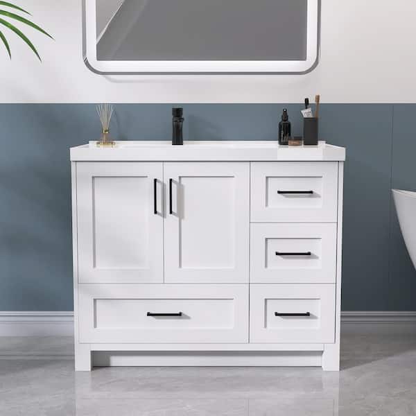 42 in. Solid Wood Left Single Sink Freestanding Bath Vanity Cabinet in White with White Solid Surface Top and Sink