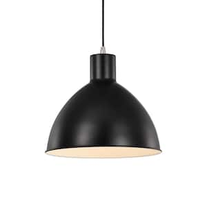 1-Light Matte Black and Brushed Nickel Pendant Light With Bowl Metal Shade