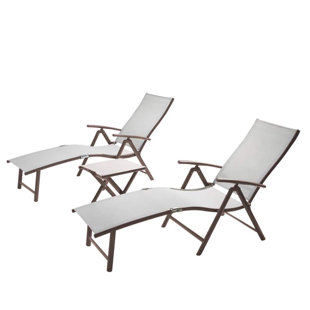 Light Gray Aluminum Outdoor Chaise Lounge Set with Folding Table