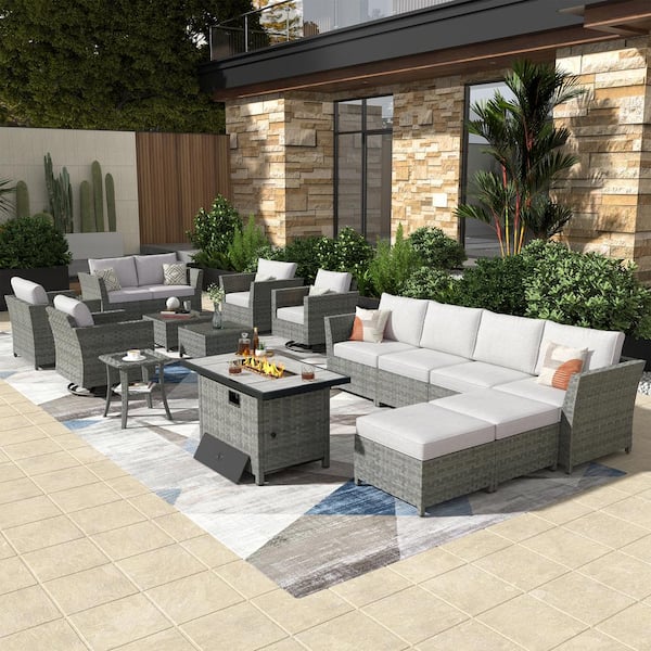 OVIOS Bexley Gray 16-Piece Wicker Rectangle Fire Pit Patio Conversation Set with Bold-stripe Beige Cushions and Swivel Chairs