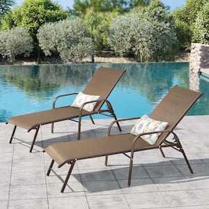 2-Piece Aluminum Adjustable Outdoor Chaise Lounge in Brown with Armrests