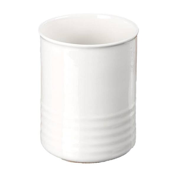 White Porcelain Utensil Holder Ceramic Kitchen Crock with Cork Base for Countertop Organizing