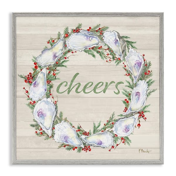 Stupell Industries Shells & Holly Cheers by Paul Brent Gray Framed Typography Giclee Art Print 24 in. x 24 in.