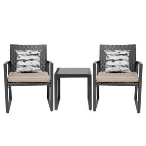 Lunar Outdoor 3-Piece Bistro Set Black Wicker Furniture-2 Chairs with Glass Coffee Table-Coffee Brown