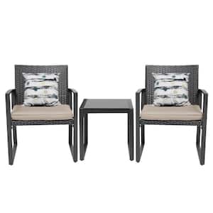 Lunar Outdoor 3-Piece Bistro Set Black Wicker Furniture-2 Chairs with Glass Coffee Table-Coffee Brown