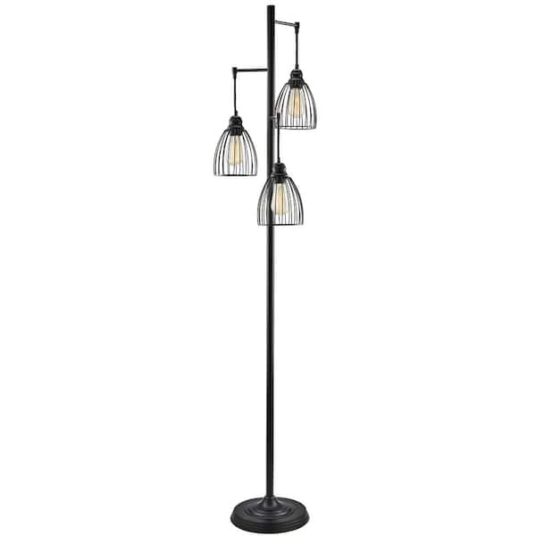 Merra 67 in. 3-Light Black Industrial Floor Lamp with Hanging Cage Shades