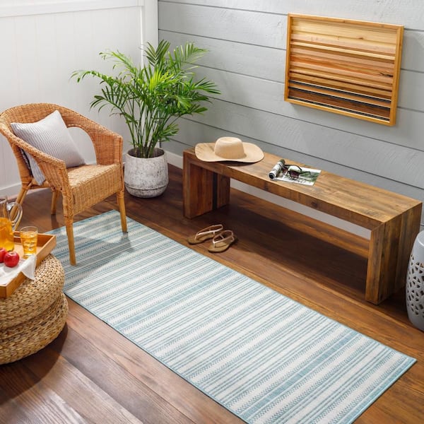 Long beach Blue/Cream 3 ft. x 7 ft. Runner Stripe Polypropylene Indoor/Outdoor Area Rug