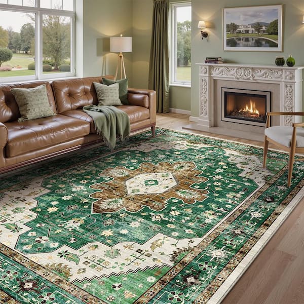 Mandela Green 9 ft. x 12 ft. Vintage Washable Medallion Distressed Area Rug