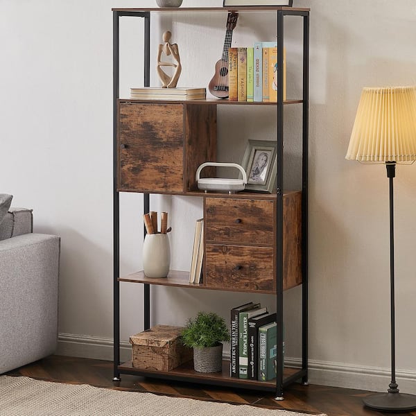 12 in. Wide Bookcase with Drawer/Storage Cabinet/Door, 5 Tier Industrial Wood Bookshelf Display Shelf Organizer, Brown