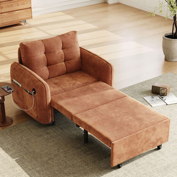 42.5 in. Orange Chenille Sleeper Single Twin Size Sofa Bed, Pull Out Lounge with USB Charging, Storage Pockets and Box
