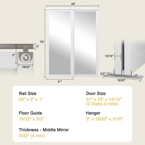 60 in. x 80 in. 1-Lite Mirror Glass White Finished Interior Closet Bypass Sliding Door with Hardware