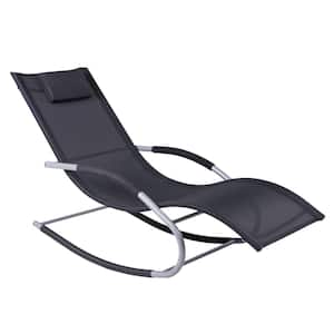 Gray Metal Black Fabric Zero Gravity Rocking Chair Outdoor Chaise Lounge Rocker with Pillow for Patio, Deck, Pool