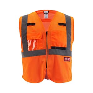 Large/X-Large Orange Class-2 Polyester Mesh High Visibility Safety Vest with 9-Pockets