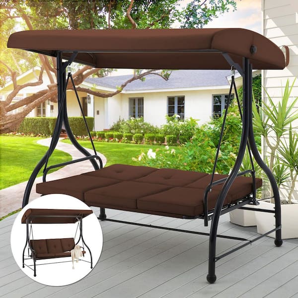 3-Person Metal Patio Swing with Brown Cushions