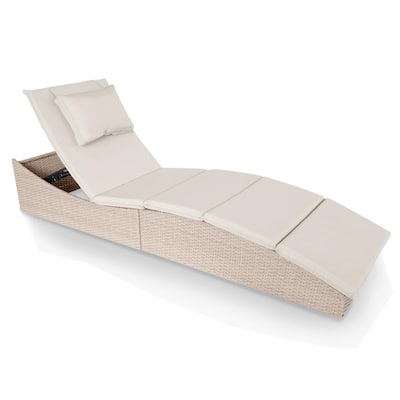 Cream Wicker Outdoor Adjustable Folding Chaise Lounge with Beige Cushions